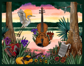The Atchafalaya National Heritage Area and the Louisiana Division of the Arts teamed with artist Cayla Zeek to create the official postcard for Atchafalaya Month and Arts and Humanities Month.