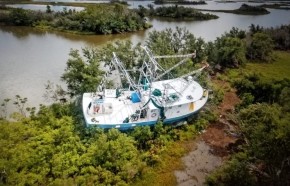 Aerial view of Verdin`s boat, the La Bell Idee, still washed aground during Hurricane Ida in August 2021.