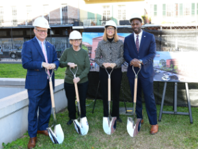 Greg Lambousy, New Orleans Jazz Museum Director; Dana Brown, Architect; Wendy Lodrig, Louisiana State Museum Board Director; and Freddie King, New Orleans City Councilman, break ground on improvements at the New Orleans Jazz Museum.