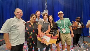 Chef Erin Miller and her sous chef Tong Lee with the judges, from left to right, Chef John Folse, Chef Sam Fore, Chef James Briscione, and Chef Shirley Chung.